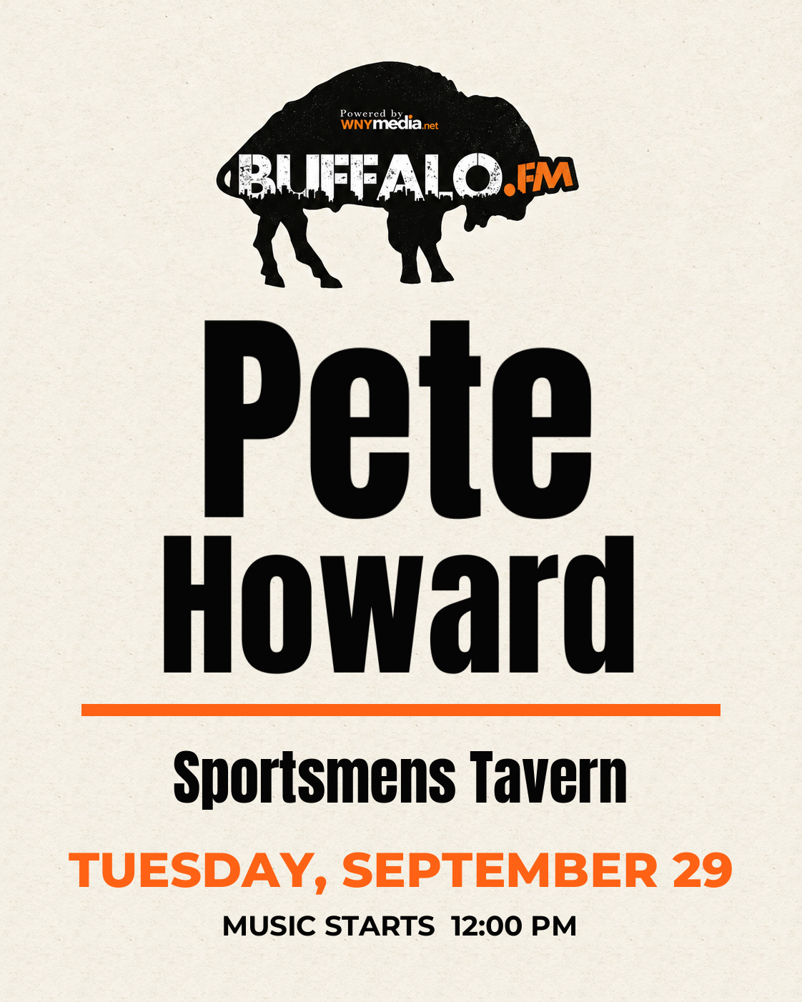 Pete Howard at Sportsmens Tavern, Tuesday, September 29, 12:00 PM