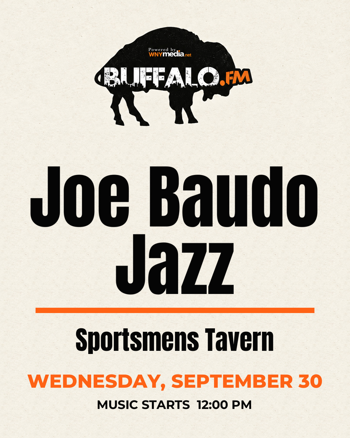 Joe Baudo Jazz at Sportsmens Tavern, Wednesday, September 30, 12:00 PM