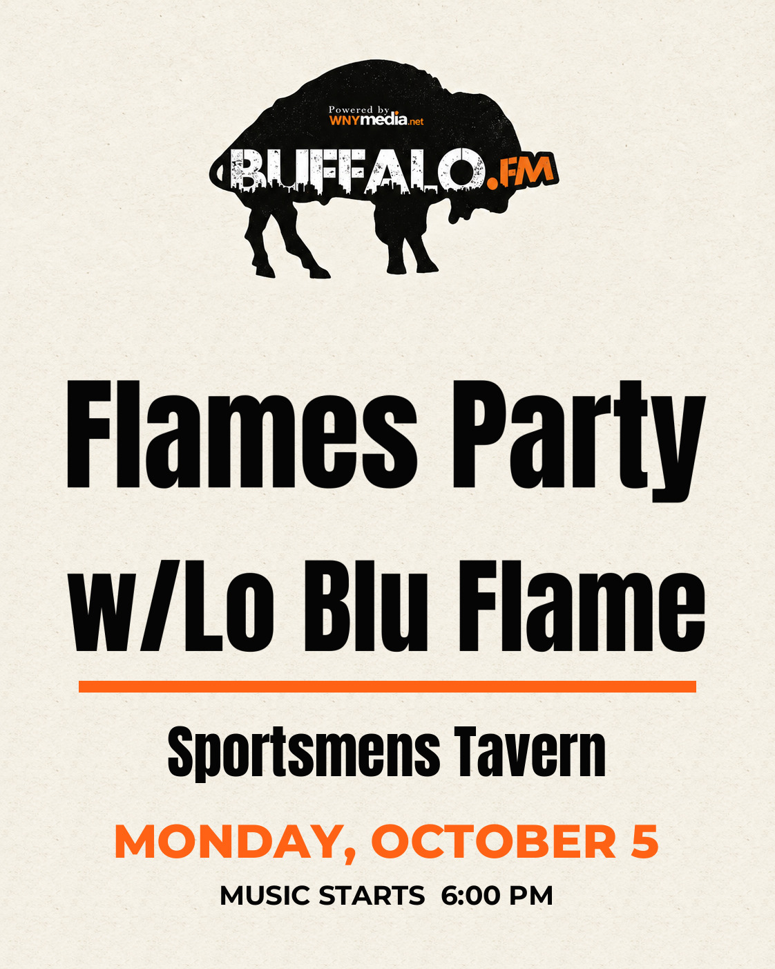 Flames Party w/Lo Blu Flame at Sportsmens Tavern, Monday, October 5, 6:00 PM