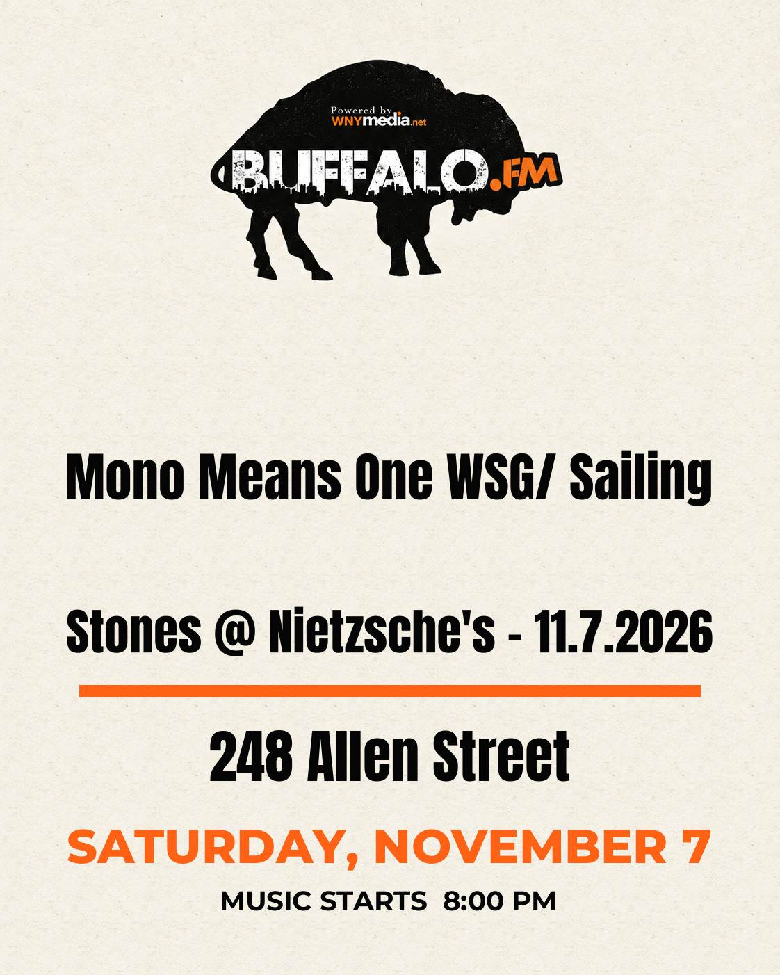 Mono Means One WSG/ Sailing Stones @ Nietzsche's - 11.7.2026 at 248 Allen Street, Saturday, November 7, 8:00 PM