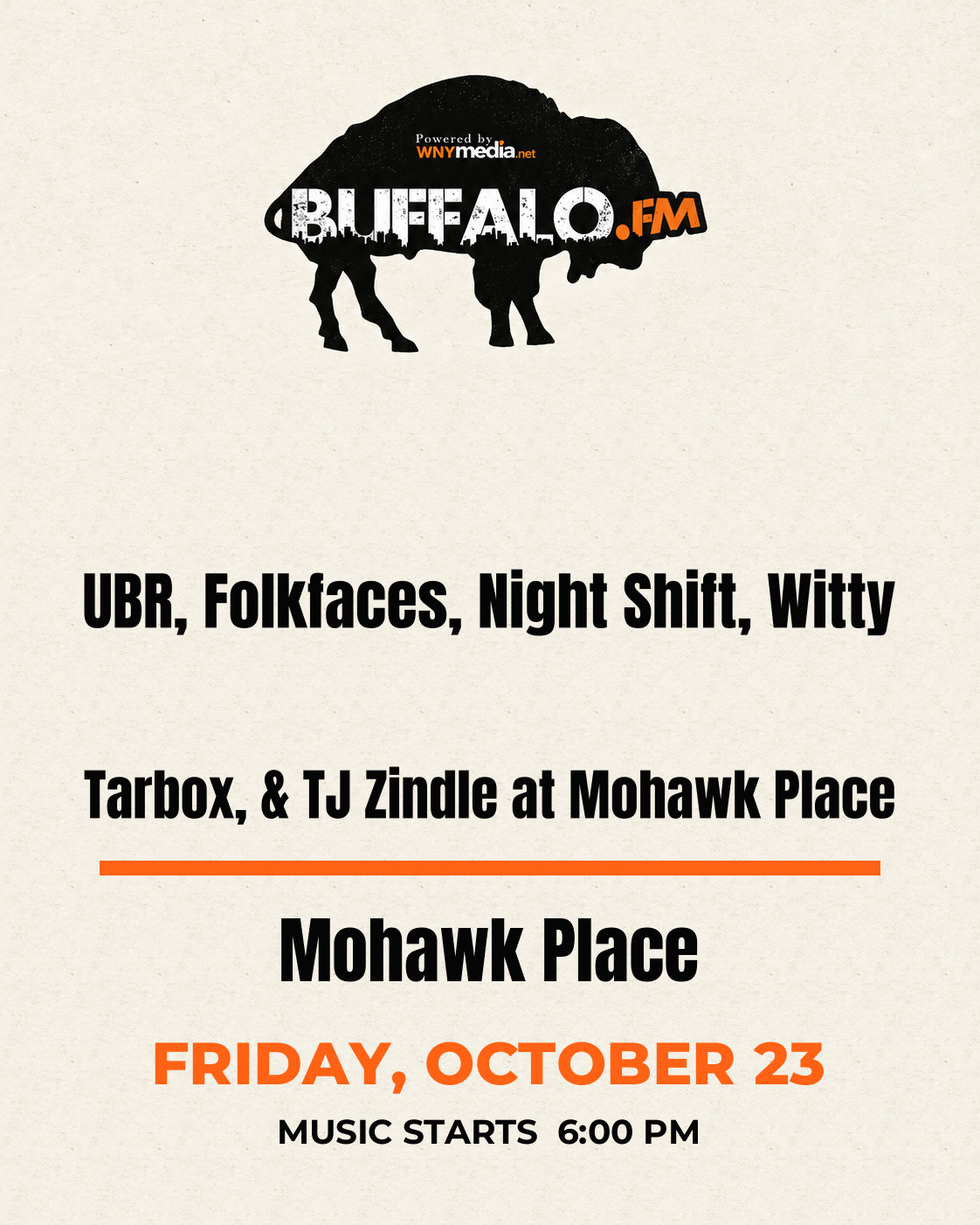 UBR, Folkfaces, Night Shift, Witty Tarbox, & TJ Zindle at Mohawk Place at Mohawk Place, Friday, October 23, 6:00 PM