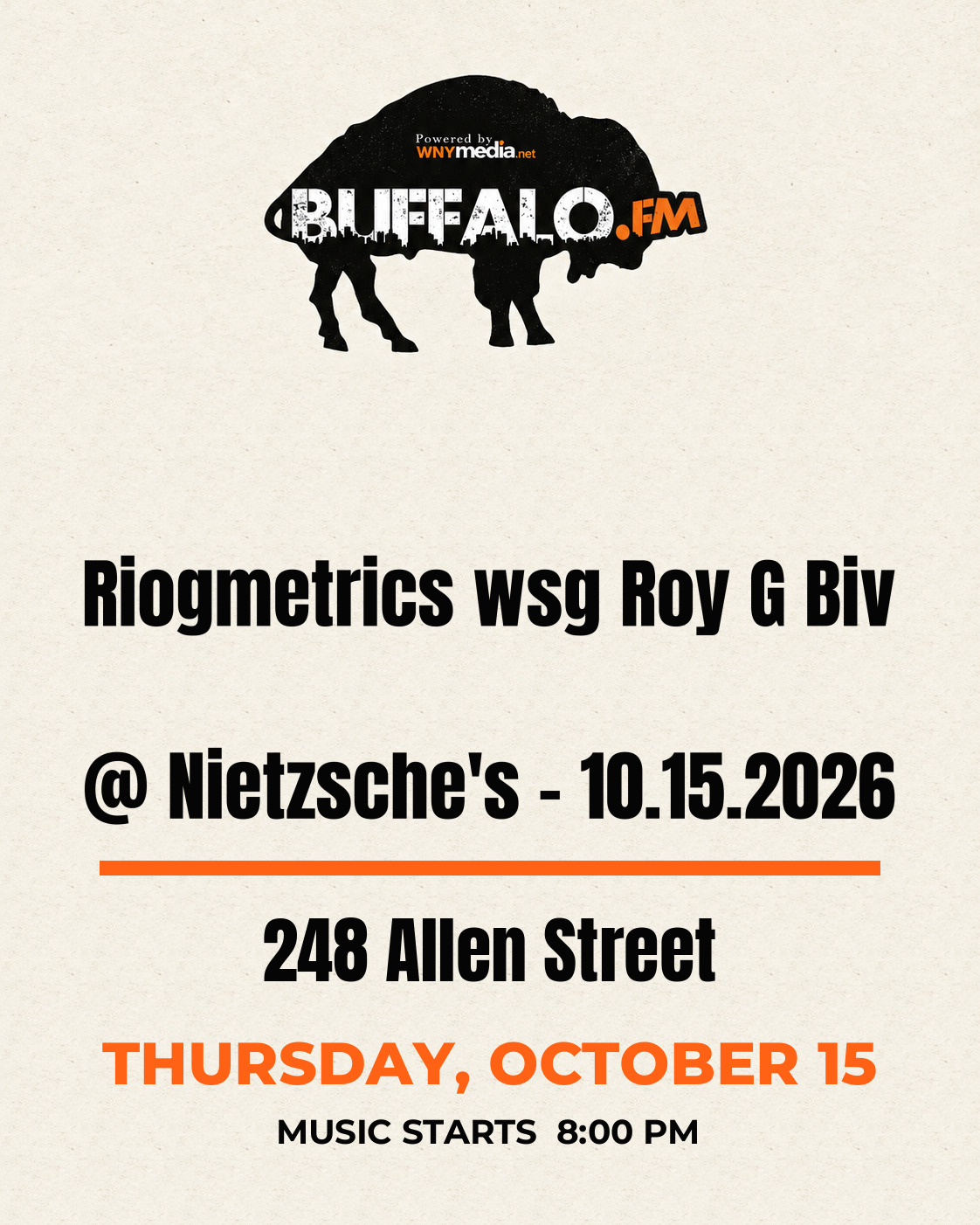 Riogmetrics wsg Roy G Biv @ Nietzsche's - 10.15.2026 at 248 Allen Street, Thursday, October 15, 8:00 PM