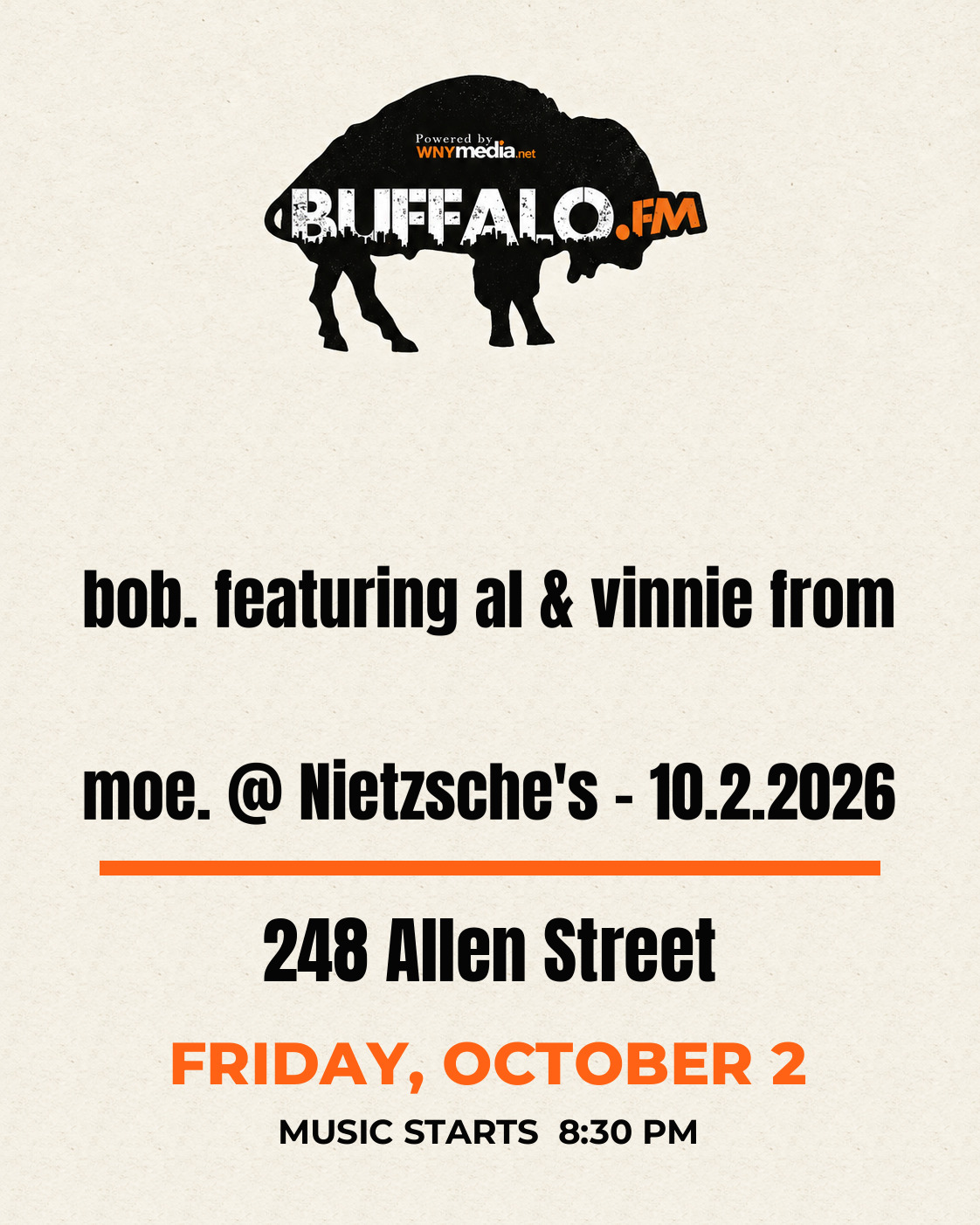 bob. featuring al & vinnie from moe. @ Nietzsche's - 10.2.2026 at 248 Allen Street, Friday, October 2, 8:30 PM