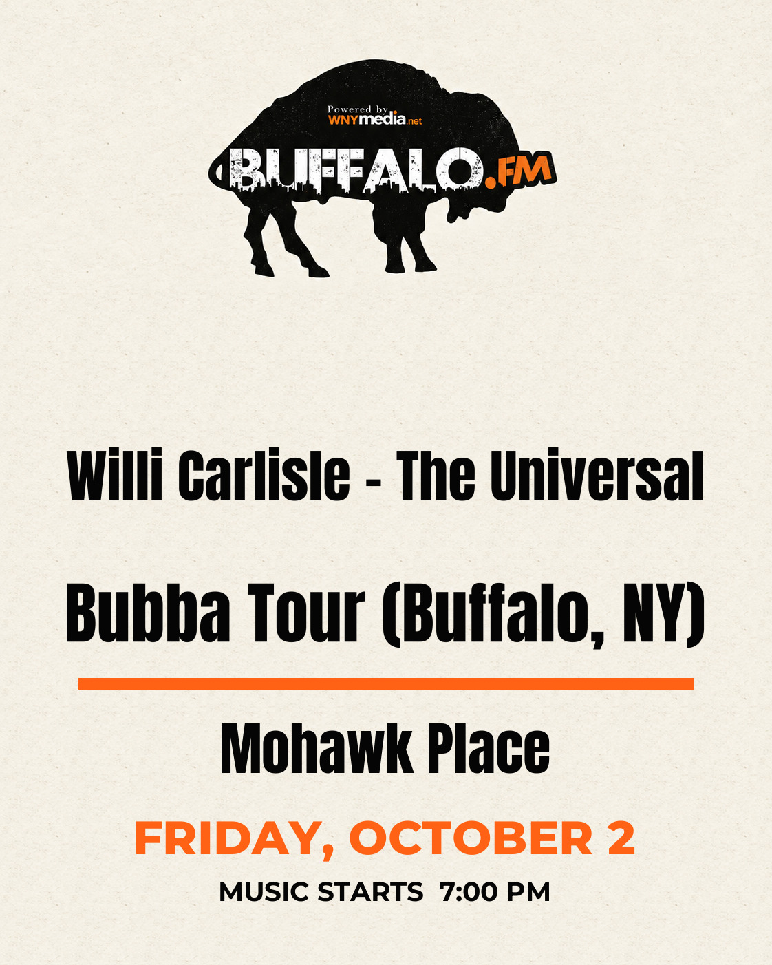 Willi Carlisle - The Universal Bubba Tour (Buffalo, NY) at Mohawk Place, Friday, October 2, 7:00 PM