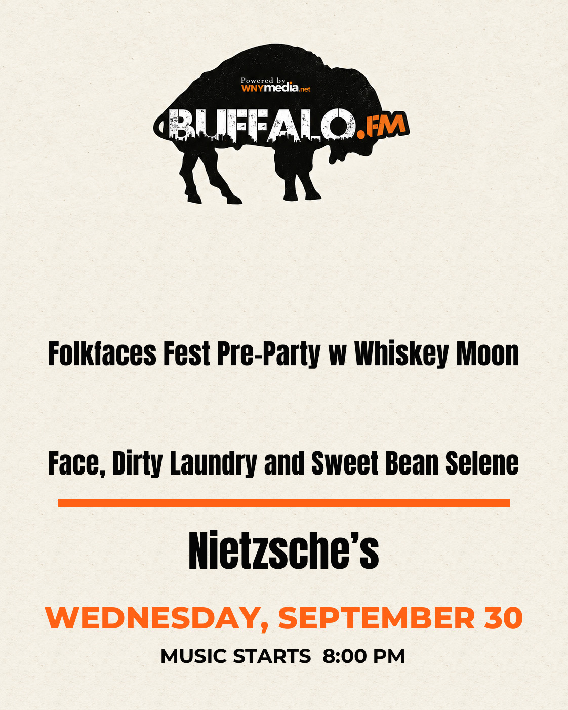 Folkfaces Fest Pre-Party w Whiskey Moon Face, Dirty Laundry and Sweet Bean Selene at Nietzsche’s, Wednesday, September 30, 8:00 PM