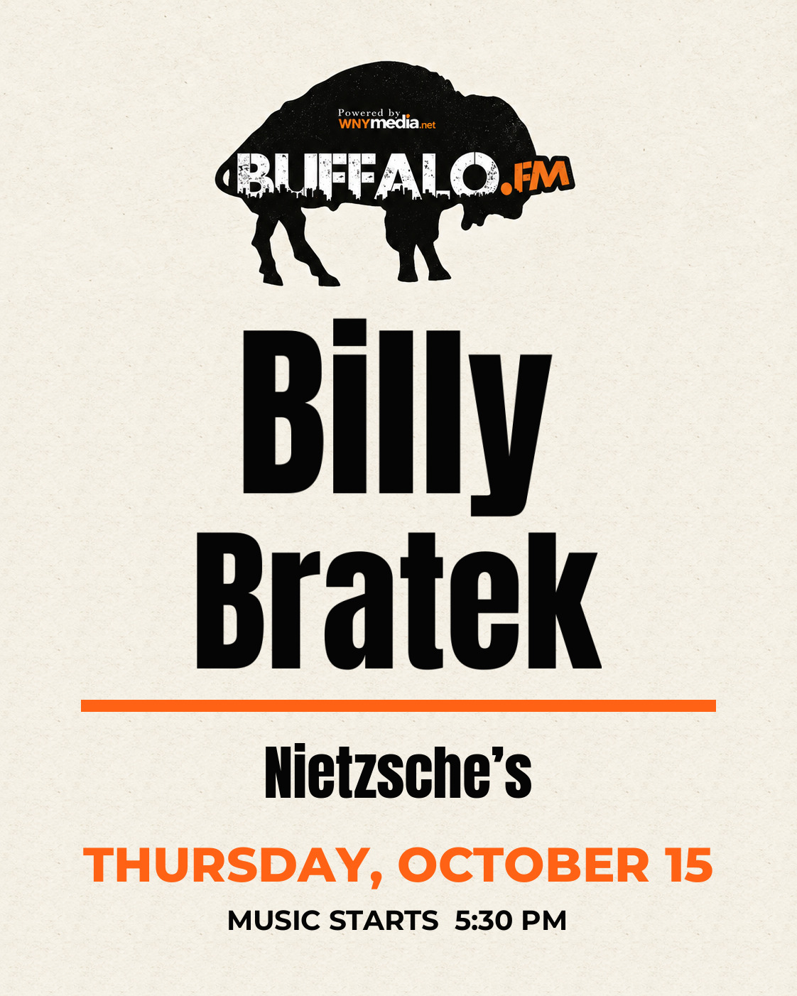 Billy Bratek at Nietzsche’s, Thursday, October 15, 5:30 PM