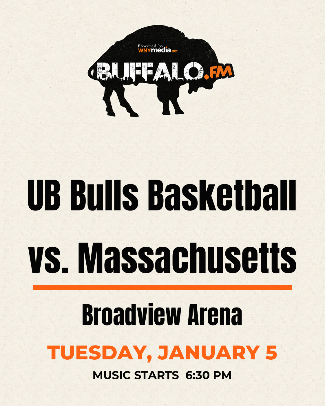 UB Bulls Basketball vs. Massachusetts at Broadview Arena, Tuesday, January 5, 6:30 PM