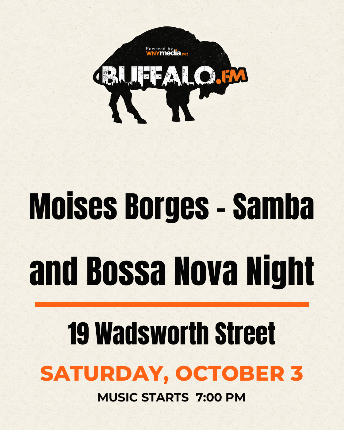 Moises Borges - Samba and Bossa Nova Night at 19 Wadsworth Street, Saturday, October 3, 7:00 PM