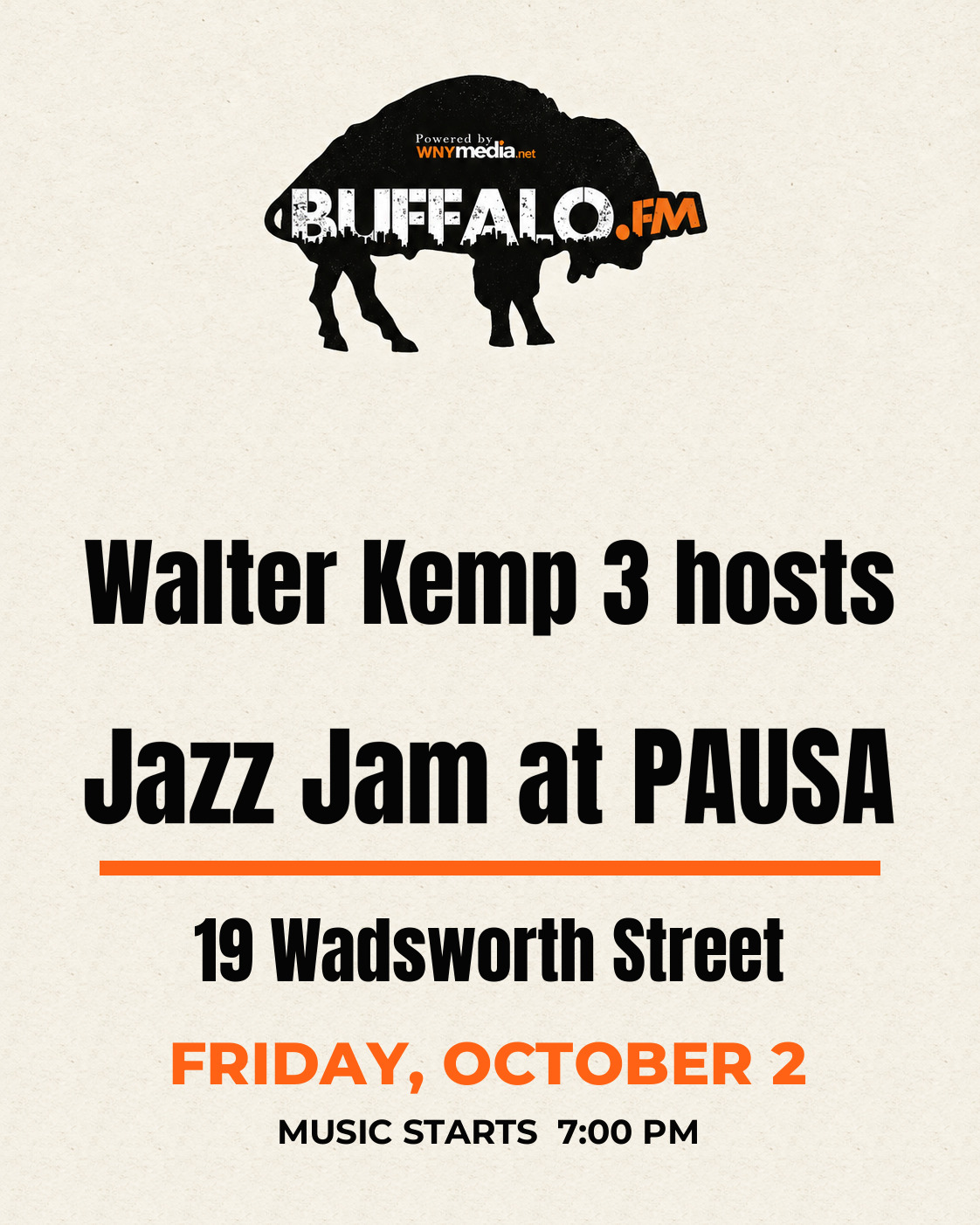 Walter Kemp 3 hosts Jazz Jam at PAUSA at 19 Wadsworth Street, Friday, October 2, 7:00 PM