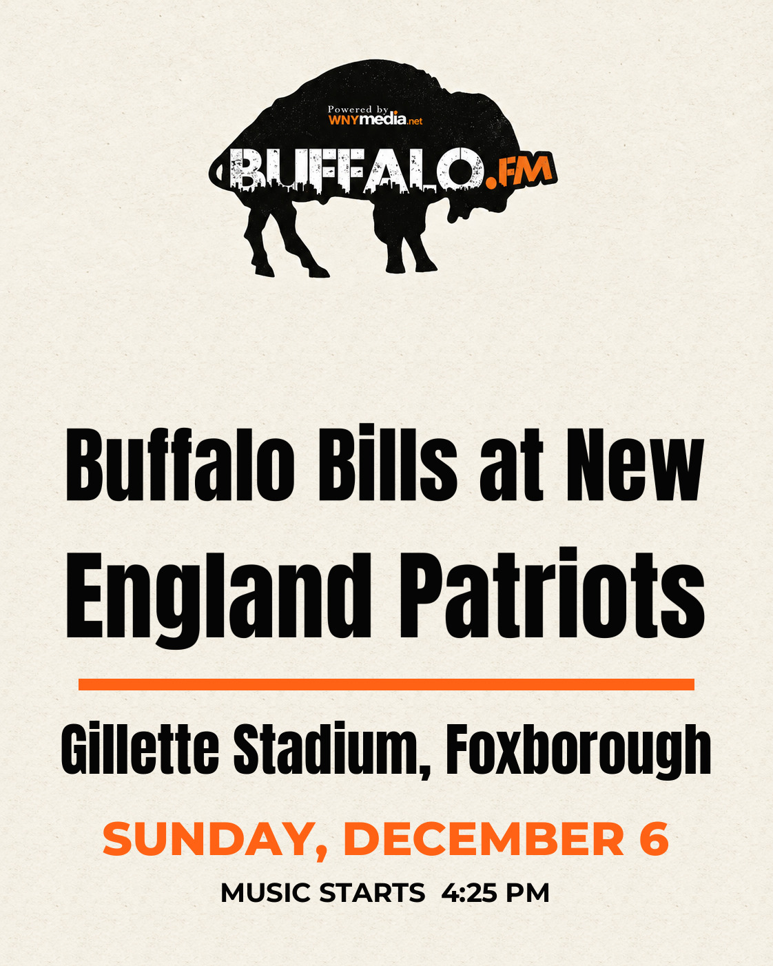 Buffalo Bills at New England Patriots at Gillette Stadium, Foxborough, Sunday, December 6, 4:25 PM