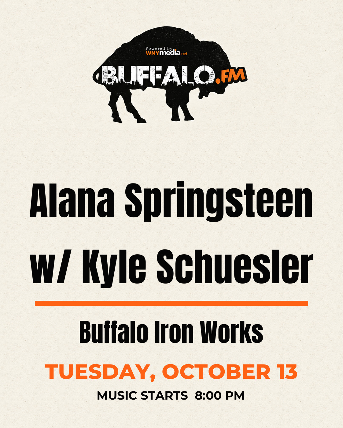 Alana Springsteen w/ Kyle Schuesler at Buffalo Iron Works, Tuesday, October 13, 8:00 PM