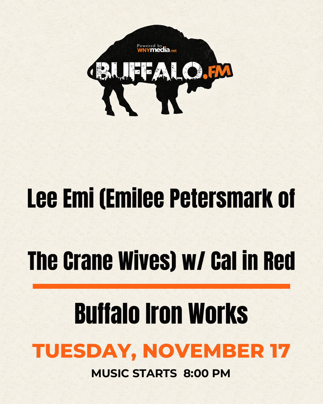Lee Emi (Emilee Petersmark of The Crane Wives) w/ Cal in Red at Buffalo Iron Works, Tuesday, November 17, 8:00 PM