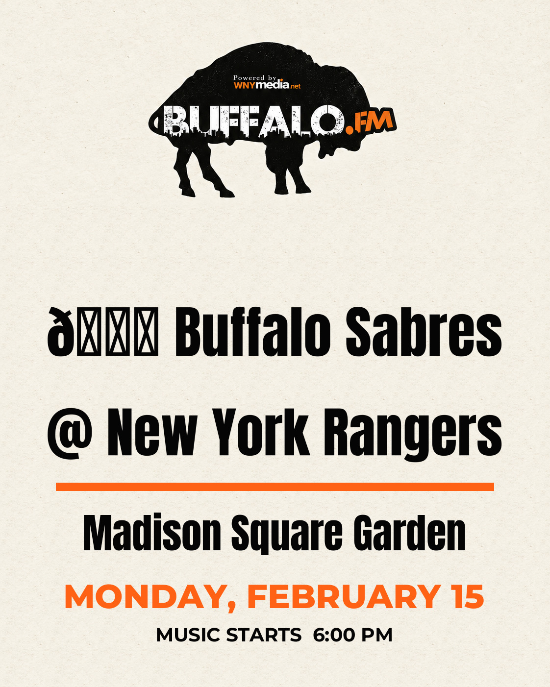 🏒 Buffalo Sabres @ New York Rangers at Madison Square Garden, Monday, February 15, 6:00 PM