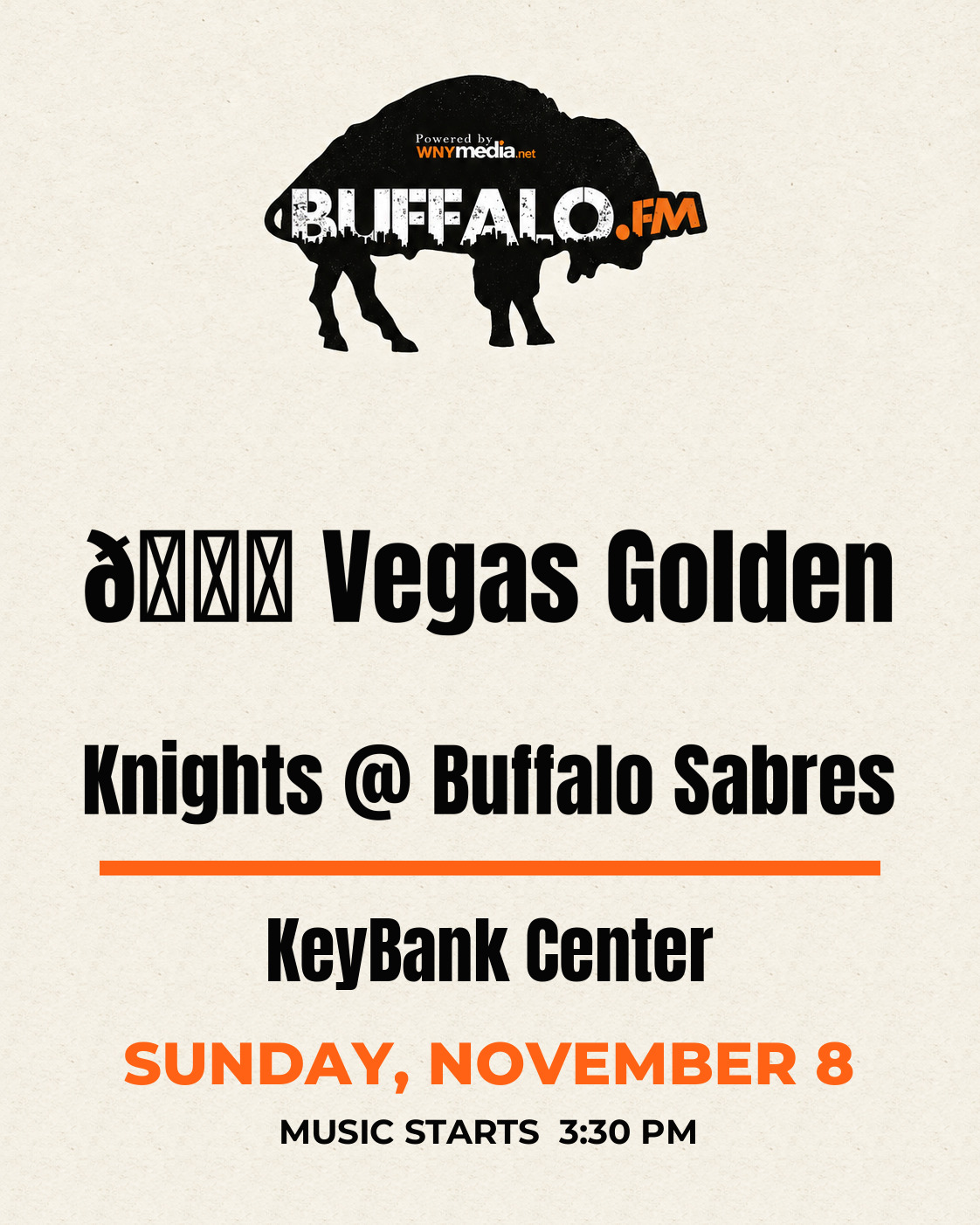 🏒 Vegas Golden Knights @ Buffalo Sabres at KeyBank Center, Sunday, November 8, 3:30 PM