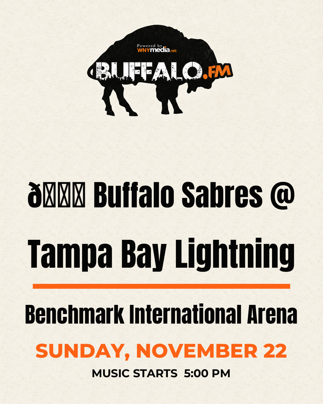🏒 Buffalo Sabres @ Tampa Bay Lightning at Benchmark International Arena, Sunday, November 22, 5:00 PM