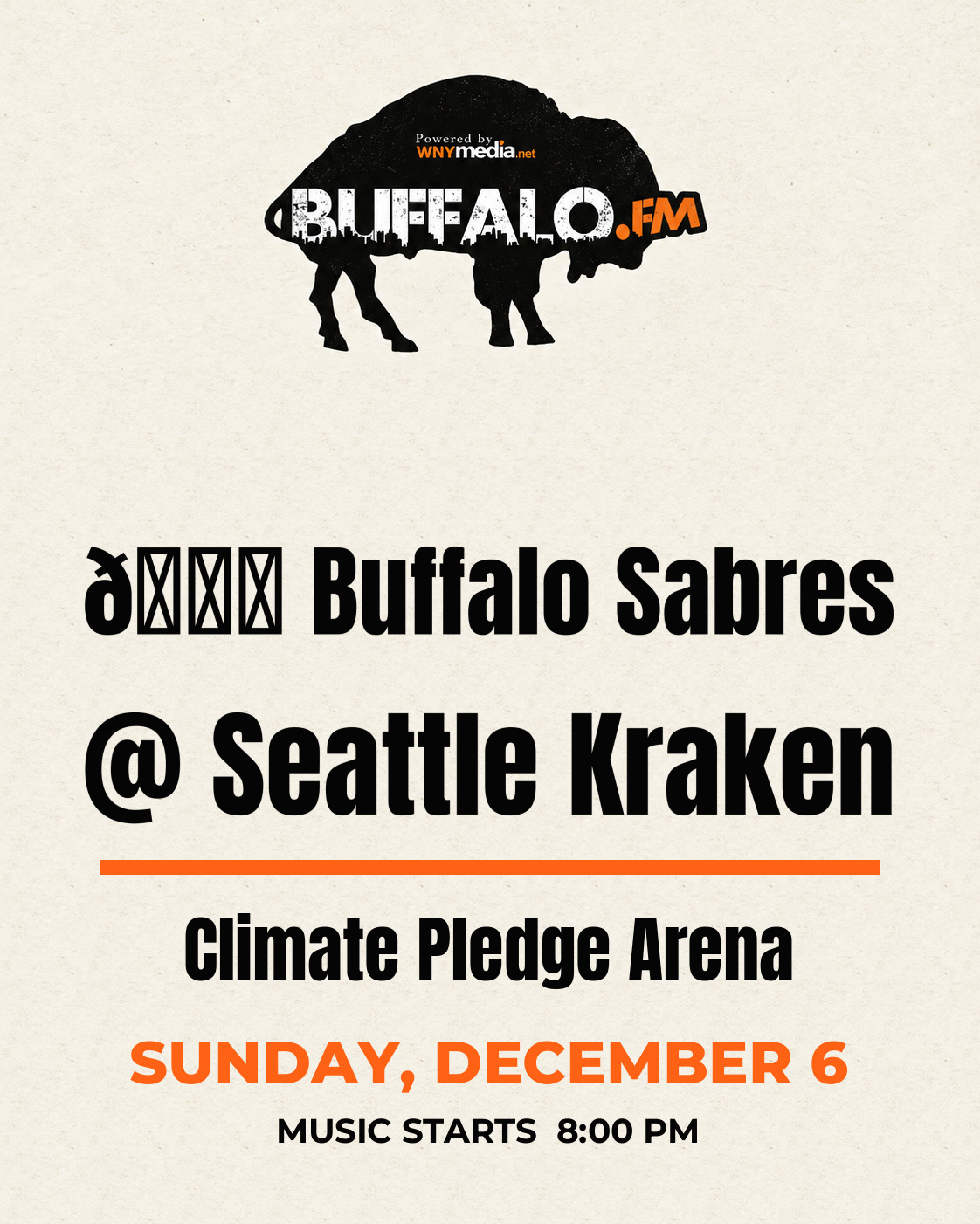 🏒 Buffalo Sabres @ Seattle Kraken at Climate Pledge Arena, Sunday, December 6, 8:00 PM
