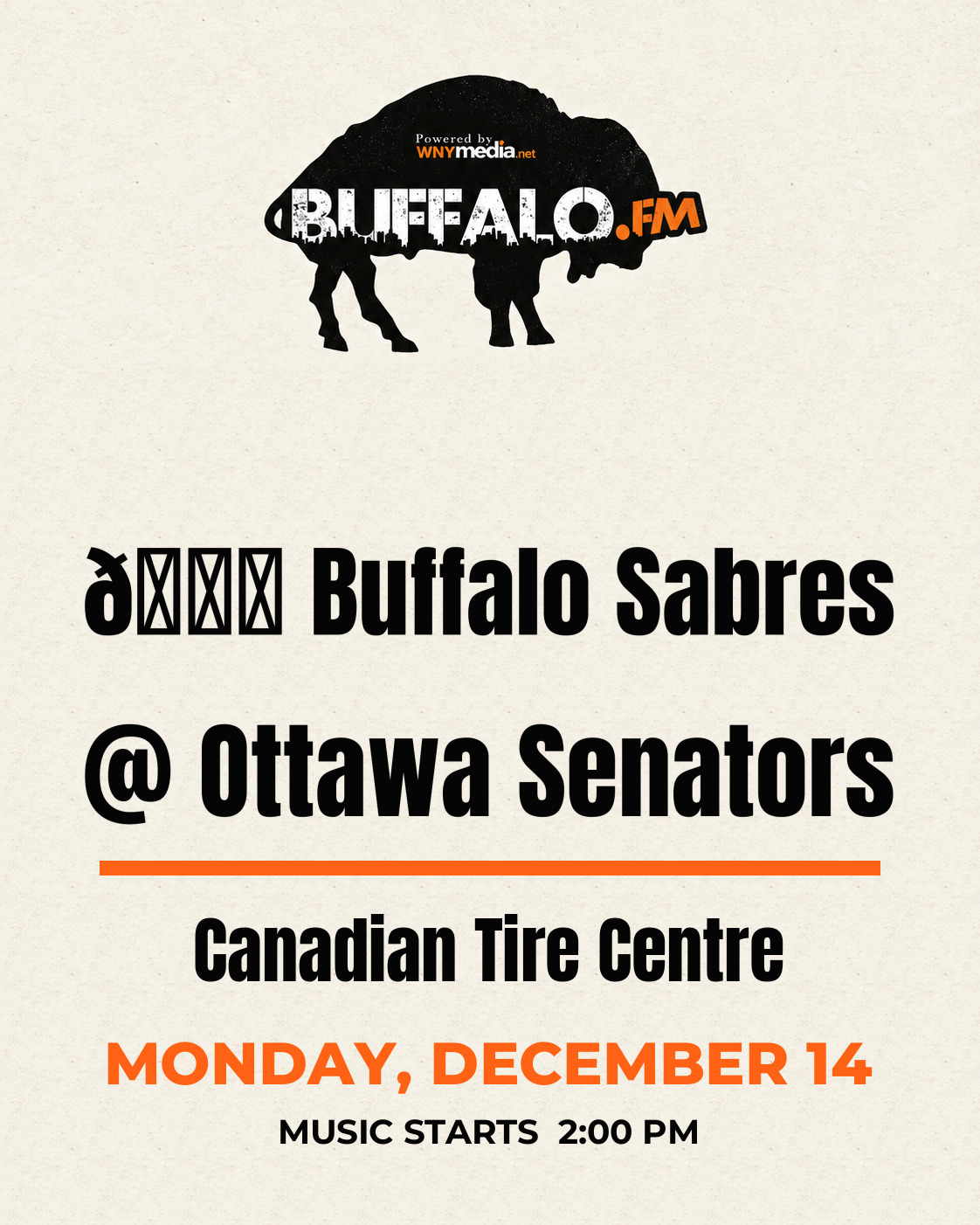 🏒 Buffalo Sabres @ Ottawa Senators at Canadian Tire Centre, Monday, December 14, 2:00 PM