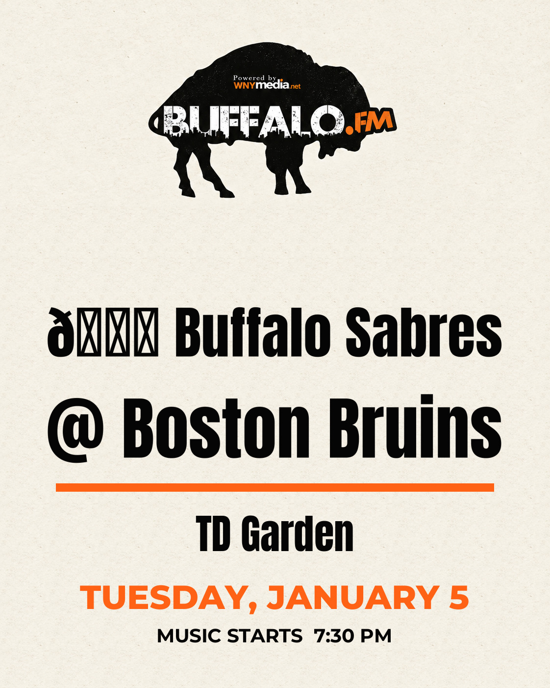 🏒 Buffalo Sabres @ Boston Bruins at TD Garden, Tuesday, January 5, 7:30 PM
