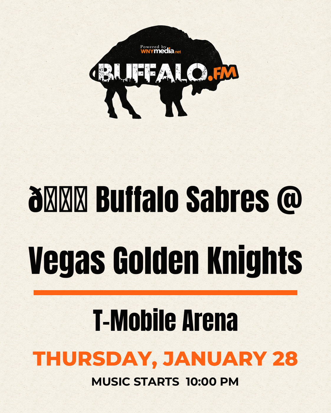 🏒 Buffalo Sabres @ Vegas Golden Knights at T-Mobile Arena, Thursday, January 28, 10:00 PM