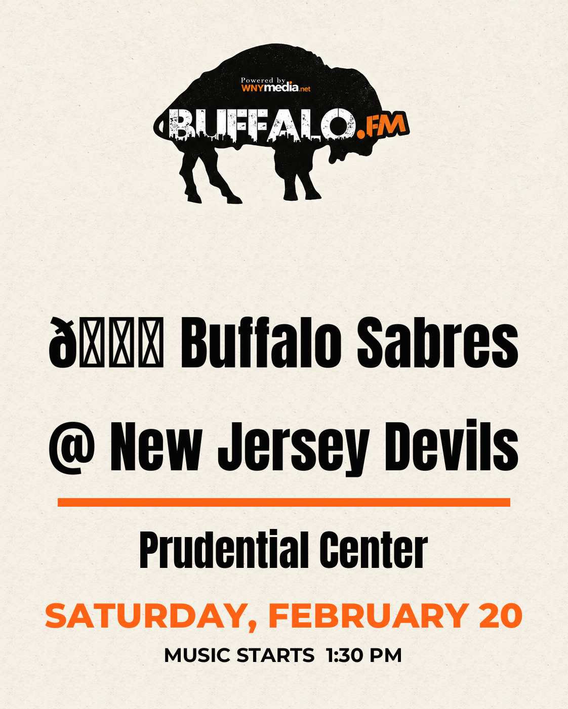 🏒 Buffalo Sabres @ New Jersey Devils at Prudential Center, Saturday, February 20, 1:30 PM