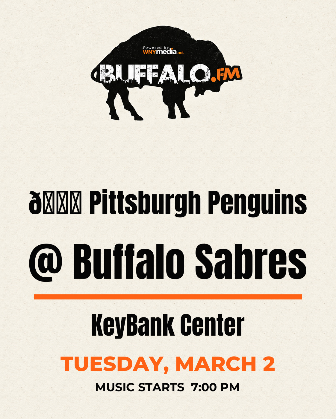 🏒 Pittsburgh Penguins @ Buffalo Sabres at KeyBank Center, Tuesday, March 2, 7:00 PM