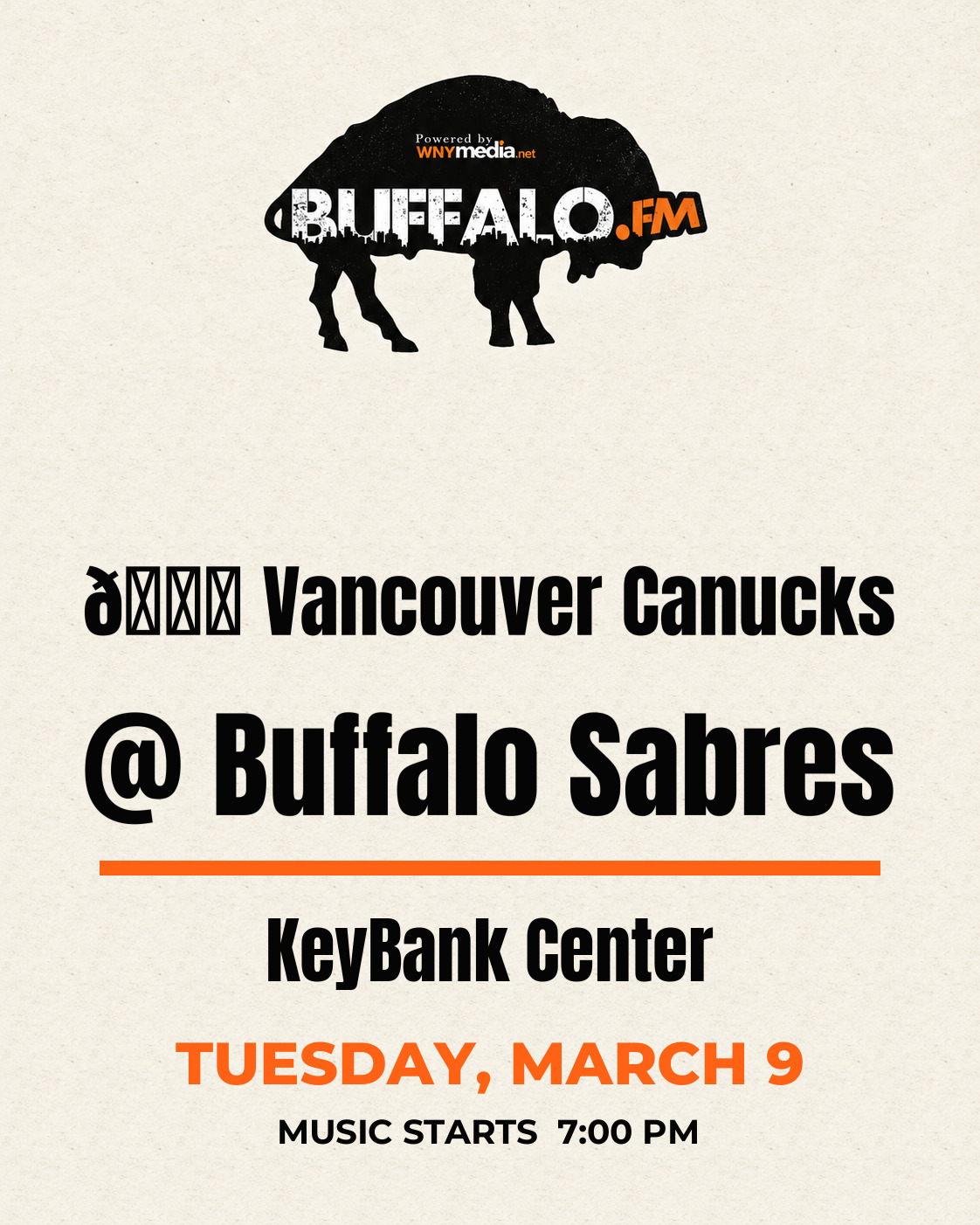 🏒 Vancouver Canucks @ Buffalo Sabres at KeyBank Center, Tuesday, March 9, 7:00 PM