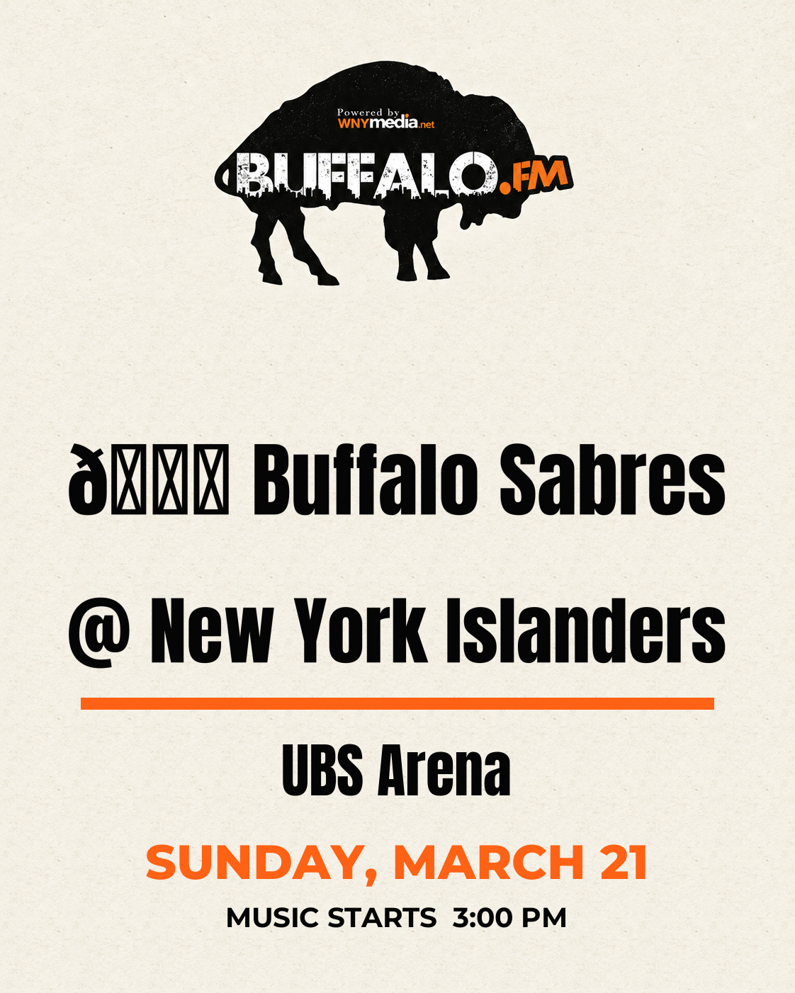 🏒 Buffalo Sabres @ New York Islanders at UBS Arena, Sunday, March 21, 3:00 PM