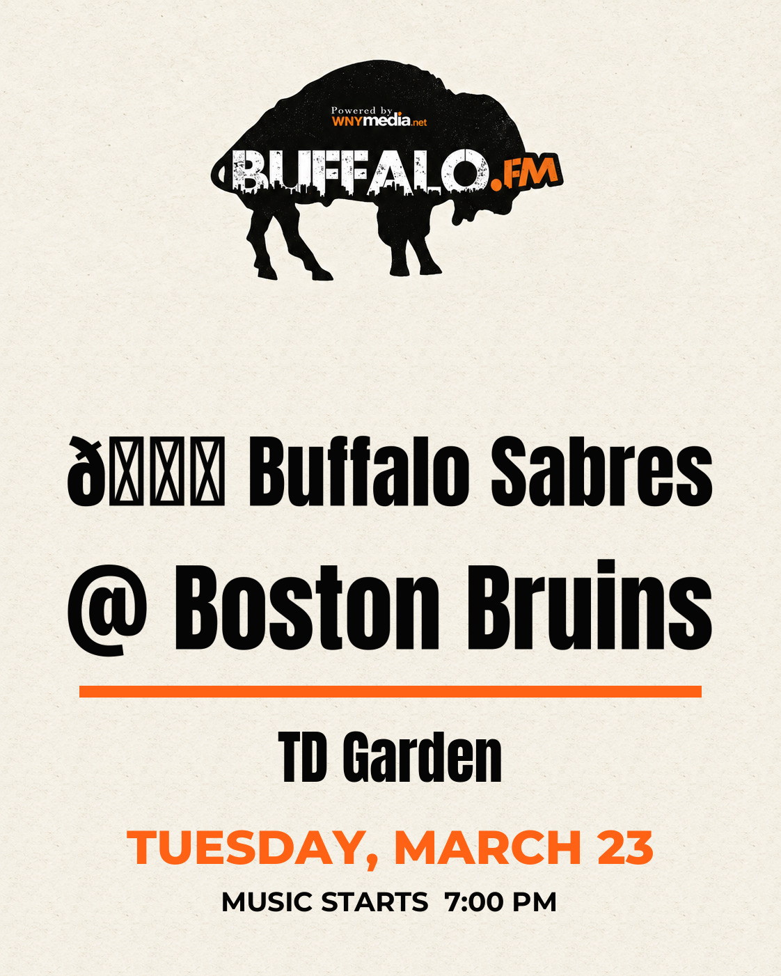 🏒 Buffalo Sabres @ Boston Bruins at TD Garden, Tuesday, March 23, 7:00 PM