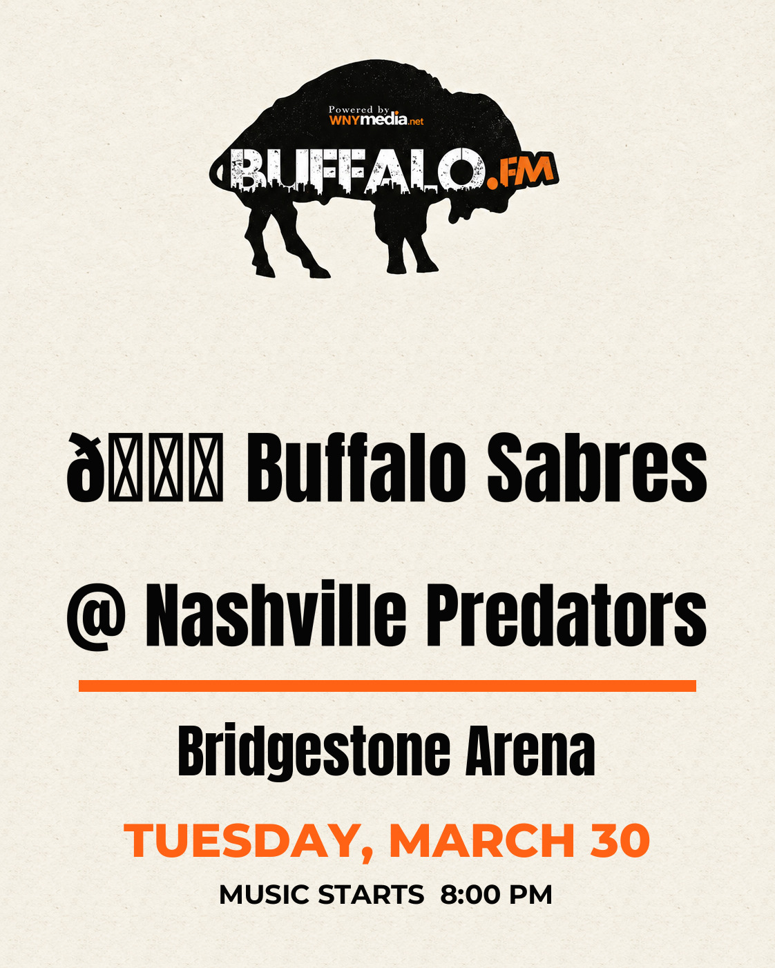 🏒 Buffalo Sabres @ Nashville Predators at Bridgestone Arena, Tuesday, March 30, 8:00 PM