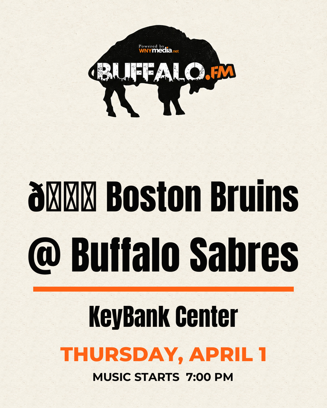 🏒 Boston Bruins @ Buffalo Sabres at KeyBank Center, Thursday, April 1, 7:00 PM