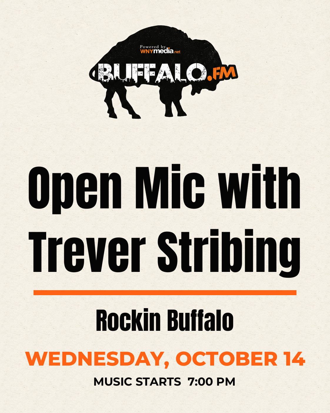 Open Mic with Trever Stribing at Rockin Buffalo, Wednesday, October 14, 7:00 PM