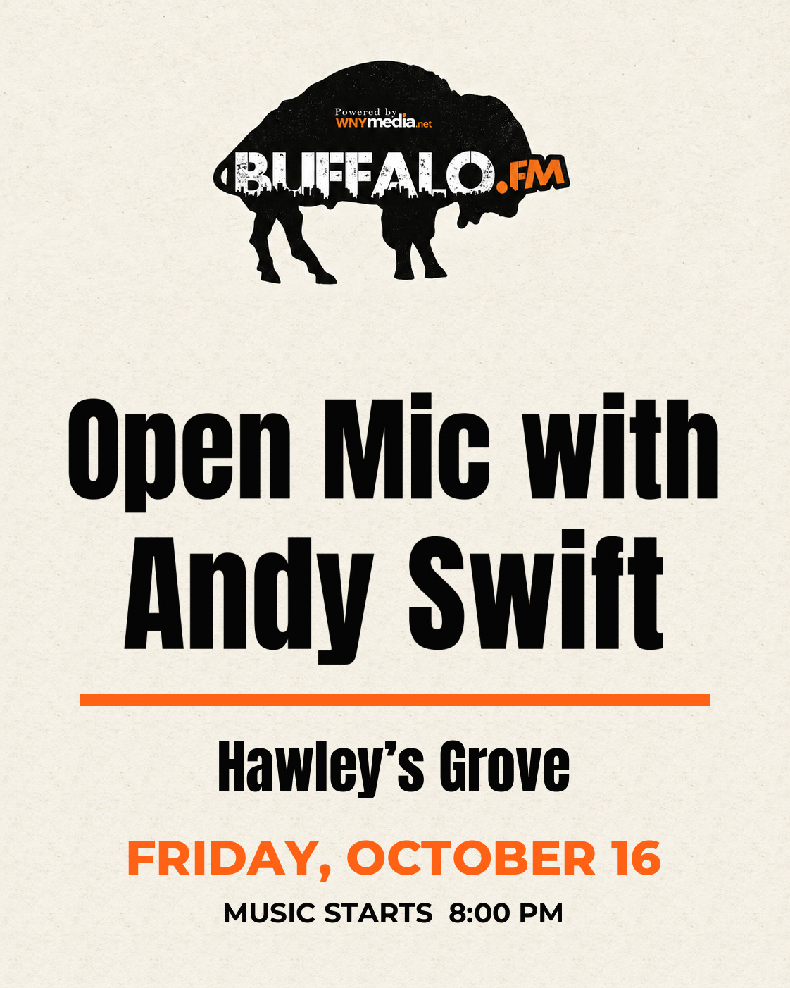 Open Mic with Andy Swift at Hawley’s Grove, Friday, October 16, 8:00 PM