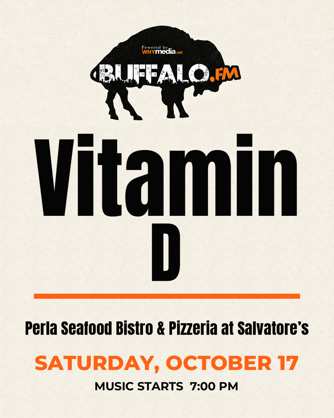 Vitamin D at Perla Seafood Bistro & Pizzeria at Salvatore’s, Saturday, October 17, 7:00 PM
