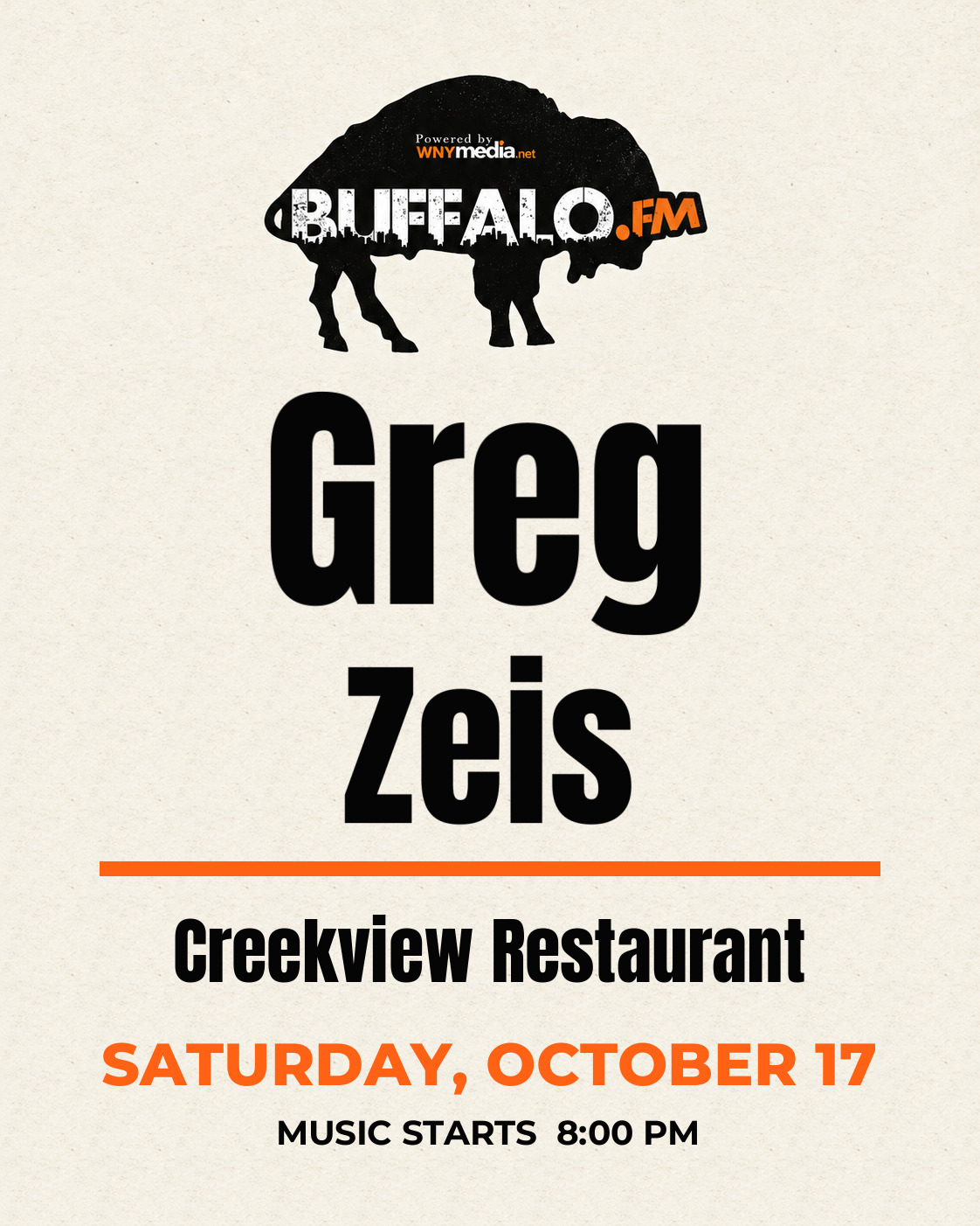 Greg Zeis at Creekview Restaurant, Saturday, October 17, 8:00 PM