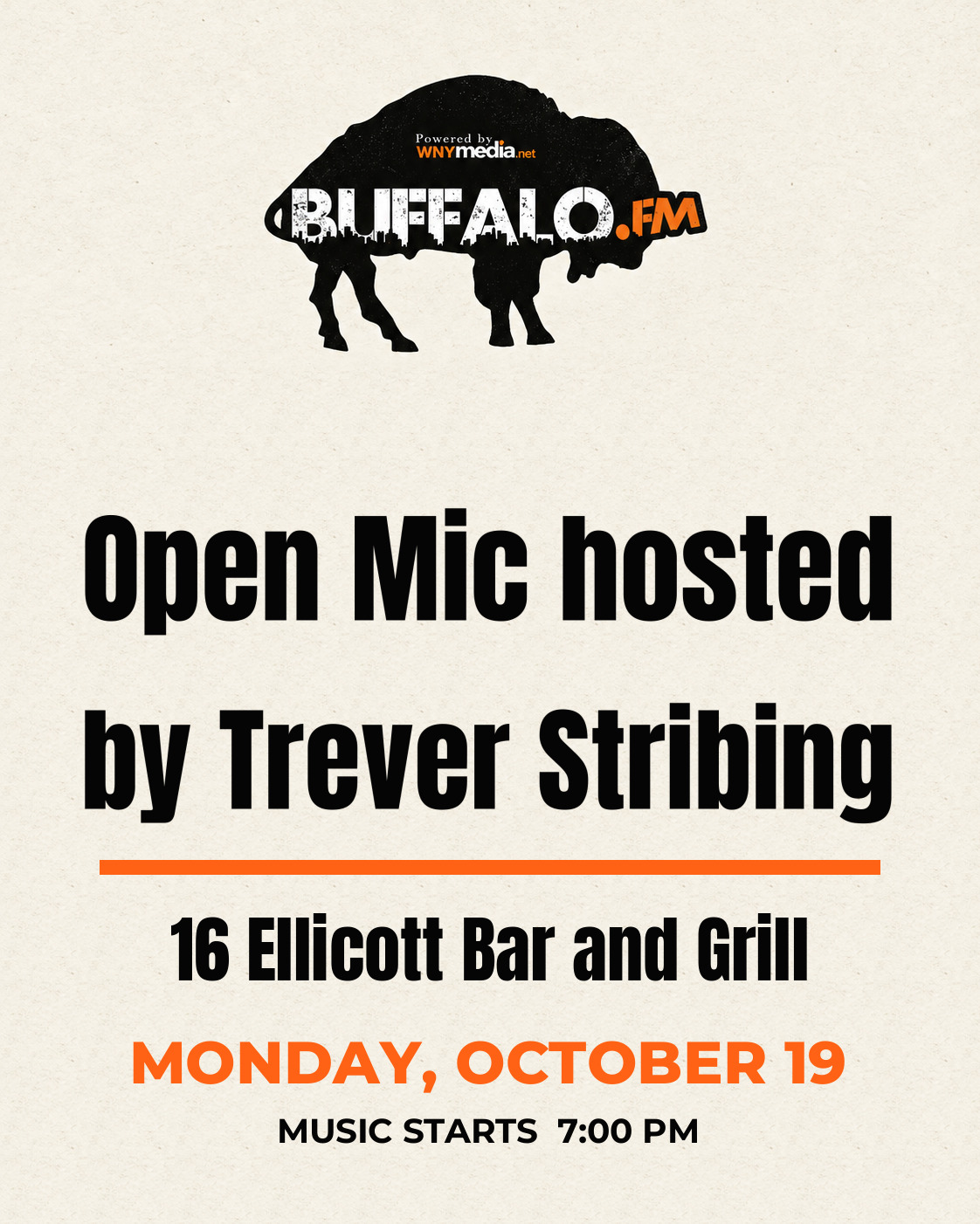Open Mic hosted by Trever Stribing at 16 Ellicott Bar and Grill, Monday, October 19, 7:00 PM