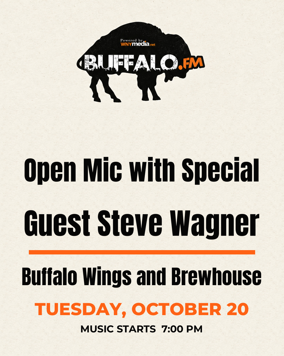 Open Mic with Special Guest Steve Wagner at Buffalo Wings and Brewhouse, Tuesday, October 20, 7:00 PM
