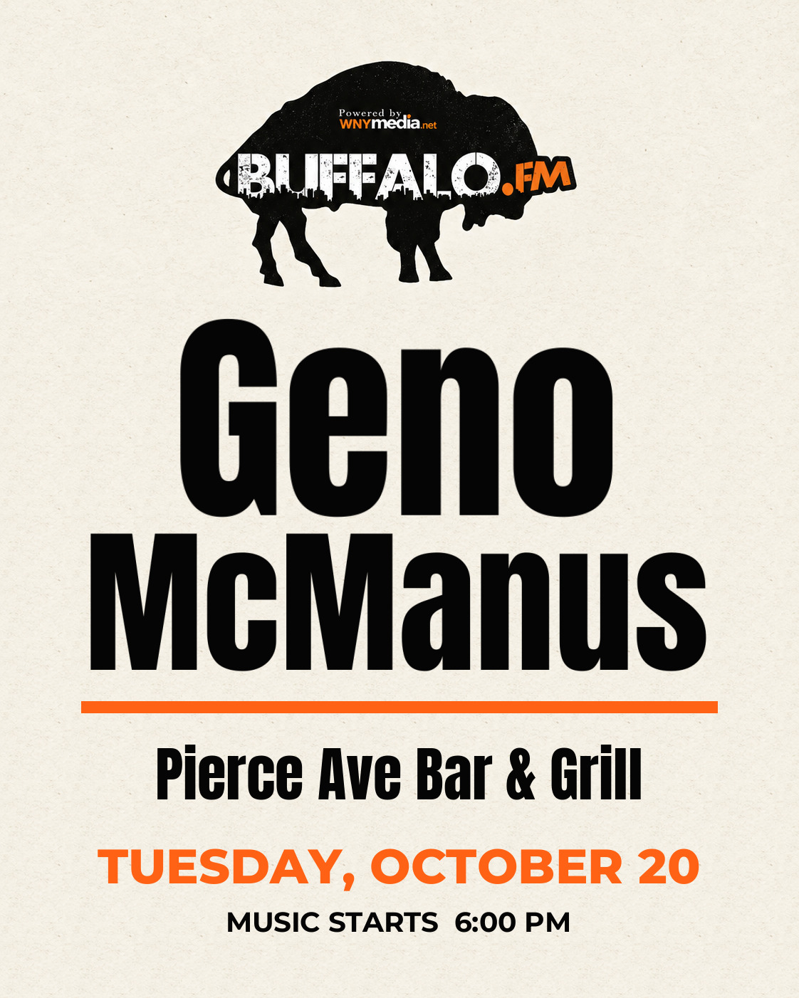 Geno McManus at Pierce Ave Bar & Grill, Tuesday, October 20, 6:00 PM