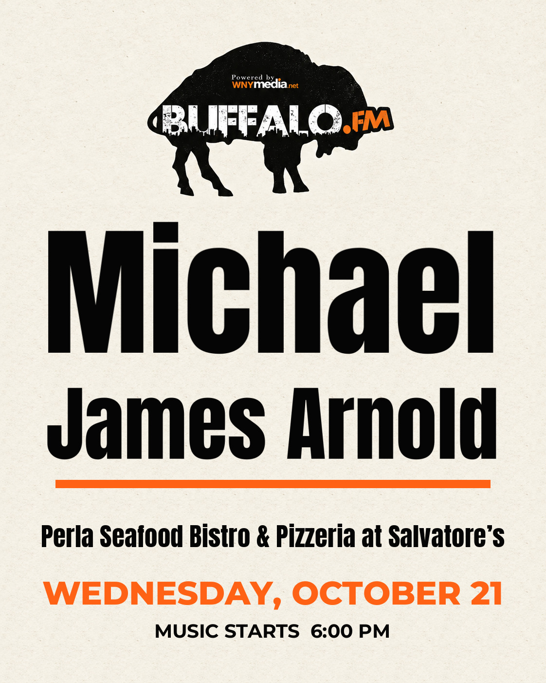 Michael James Arnold at Perla Seafood Bistro & Pizzeria at Salvatore’s, Wednesday, October 21, 6:00 PM