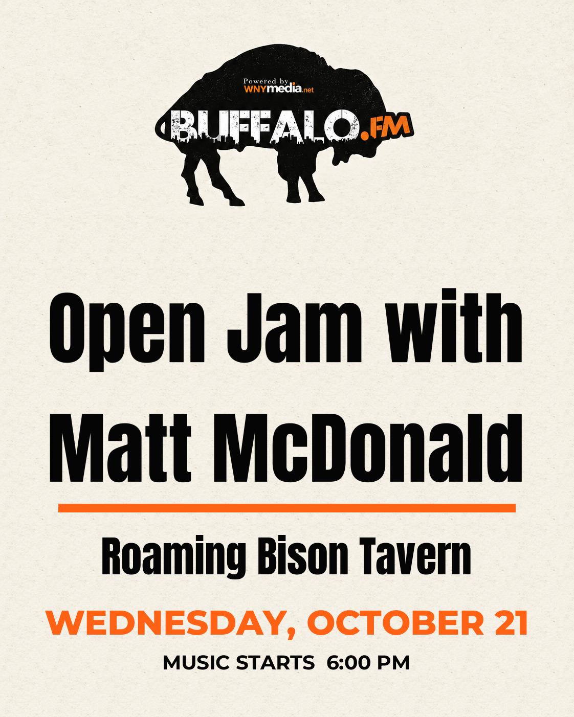 Open Jam with Matt McDonald at Roaming Bison Tavern, Wednesday, October 21, 6:00 PM
