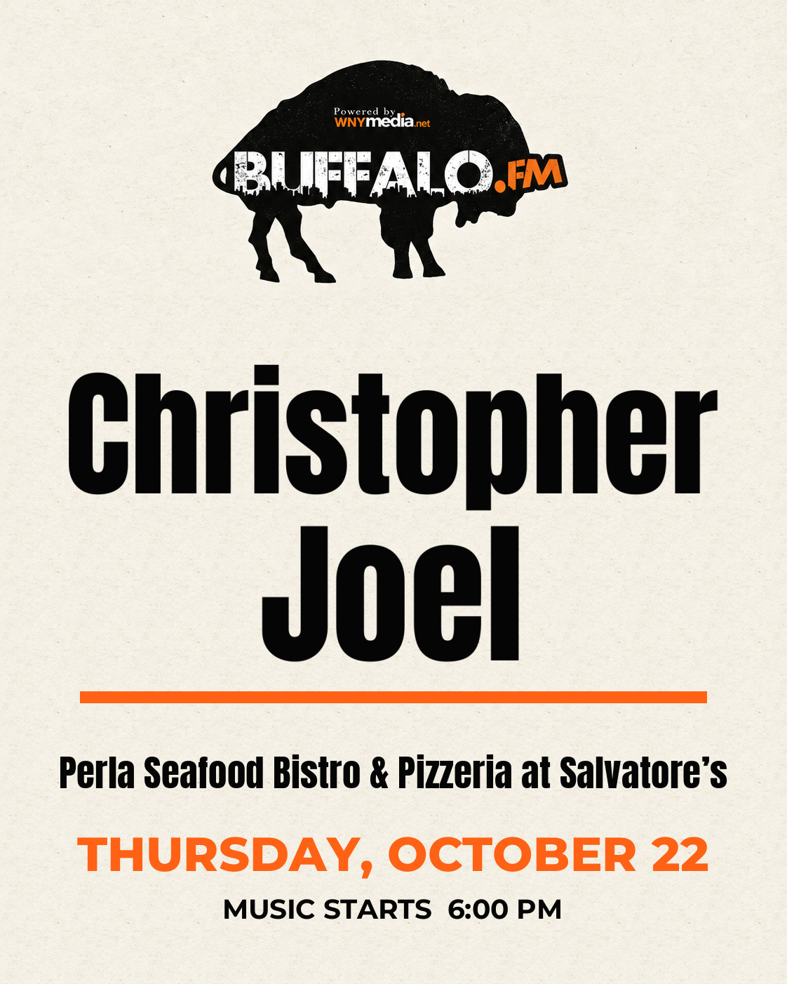 Christopher Joel at Perla Seafood Bistro & Pizzeria at Salvatore’s, Thursday, October 22, 6:00 PM